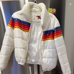 Aviator Nation White Puffer Jacket with Rainbow Stripes